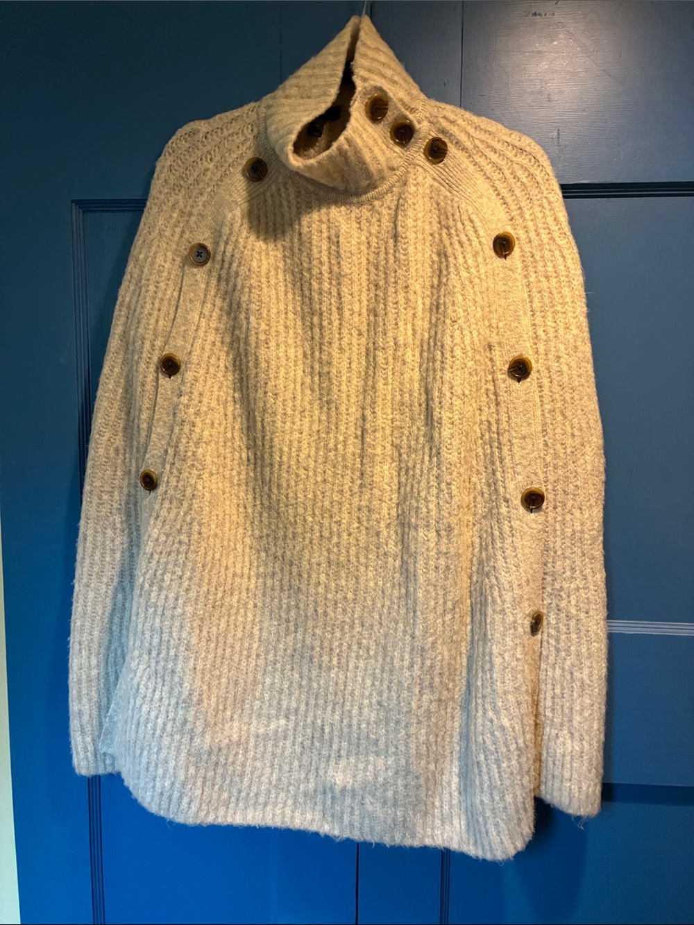 J. Crew Gray Button-Accent Ribbed Turtleneck Poncho Sweater